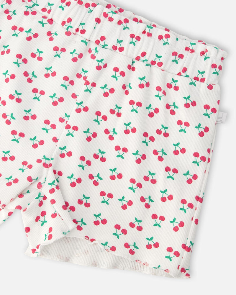 Rib Shorts White Printed Cherries