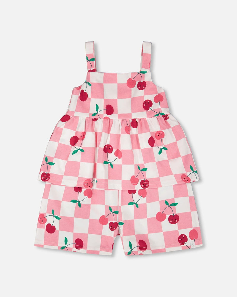 Organic Cotton Jersey Romper Pink Printed Cherries