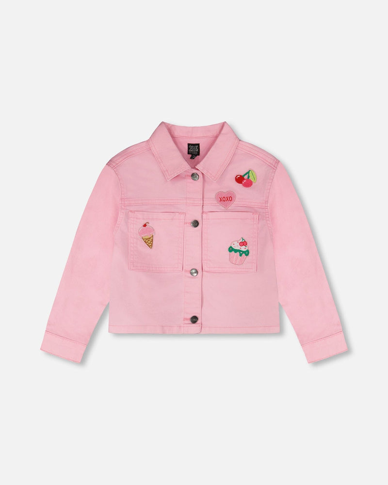 Pink Denim Jacket With Embroidered Patches