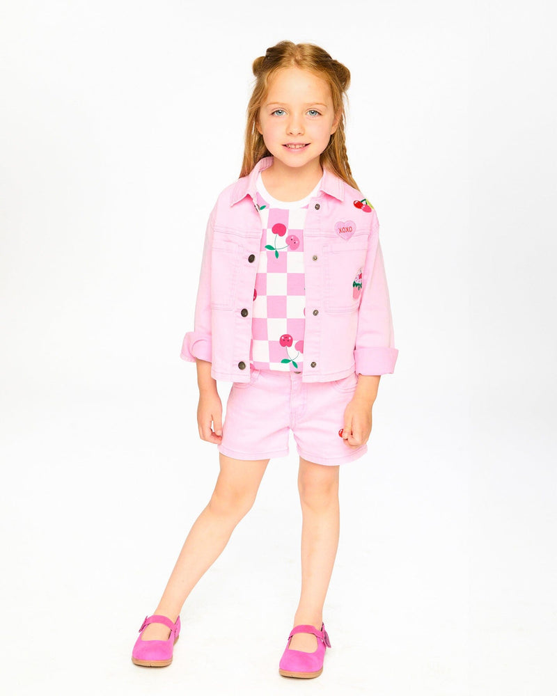 Pink Denim Jacket With Embroidered Patches
