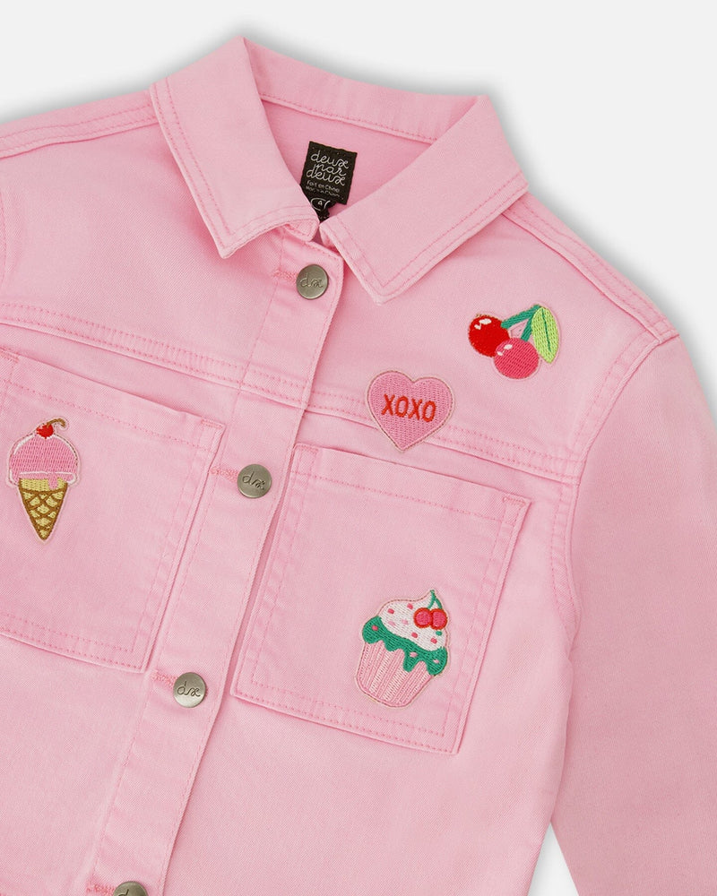 Pink Denim Jacket With Embroidered Patches