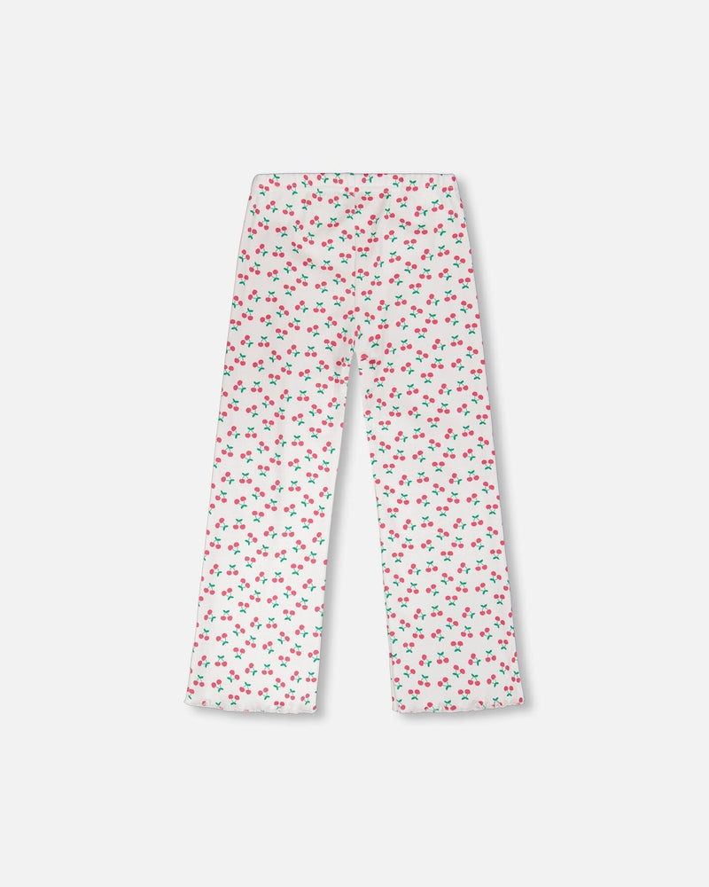 Rib Flare Leg Leggings White Printed Cherries