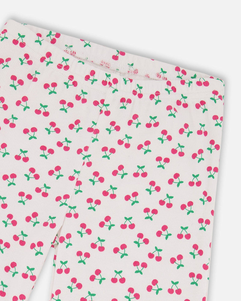 Rib Flare Leg Leggings White Printed Cherries