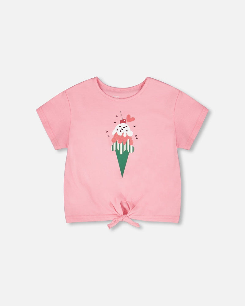 Organic Cotton Jersey T-Shirt With Tie At Waist Pink