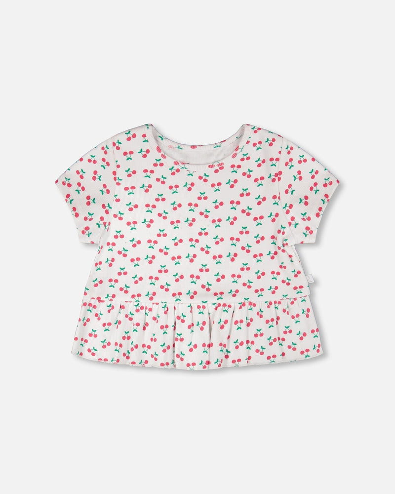 Rib Crop T-Shirt With Frill White Printed Cheeries