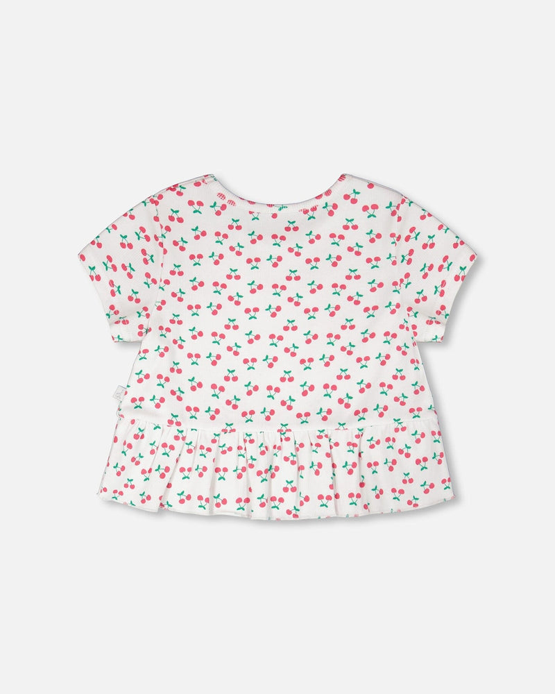 Rib Crop T-Shirt With Frill White Printed Cheeries