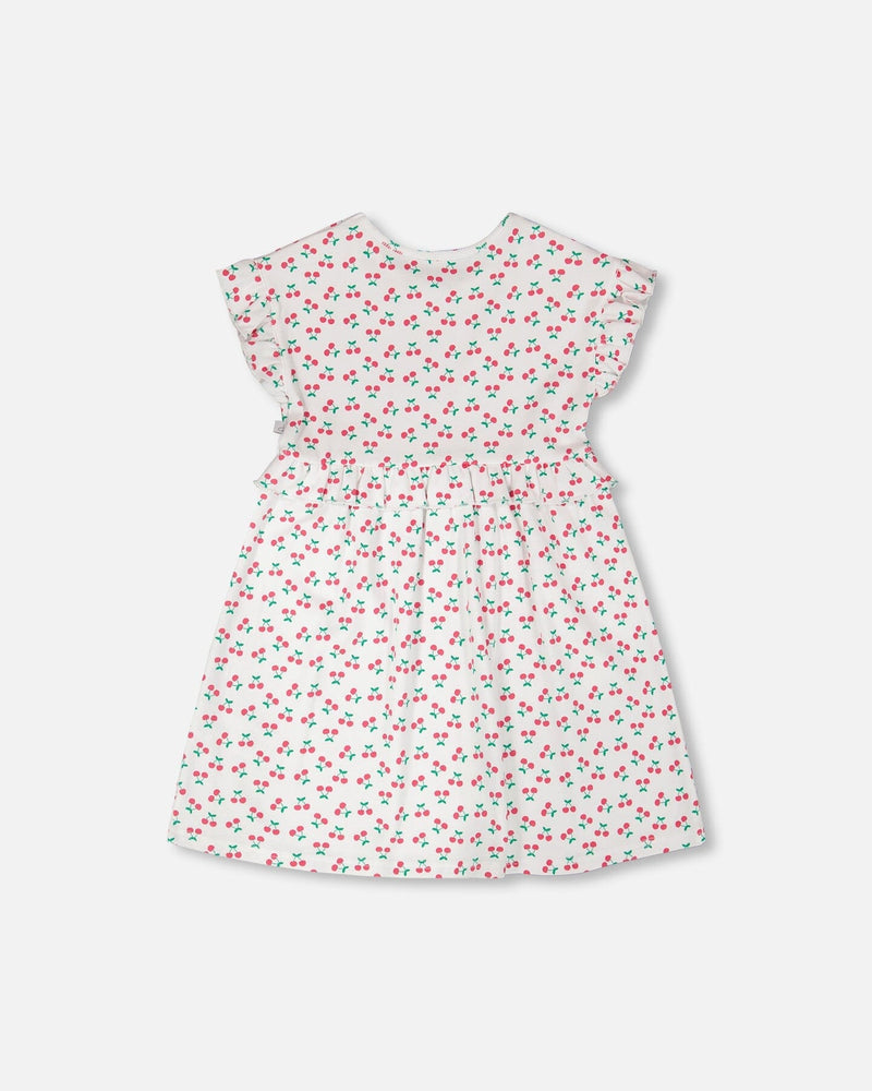 Cotton Rib Dress White Printed Cherries