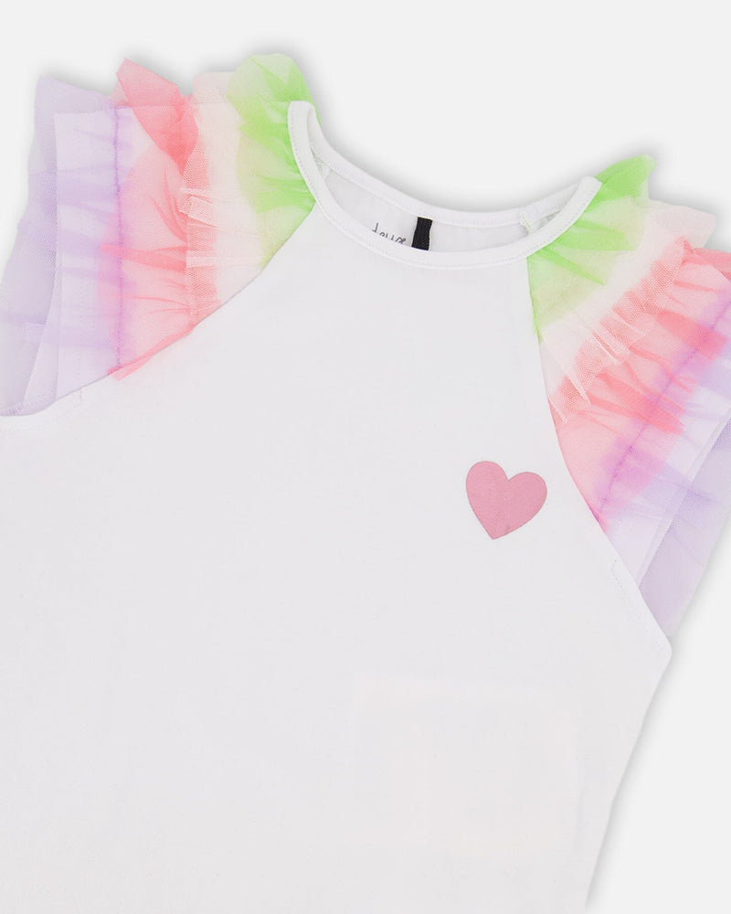 Organic Cotton Jersey T-Shirt White With Multicolor Mesh Sleeves