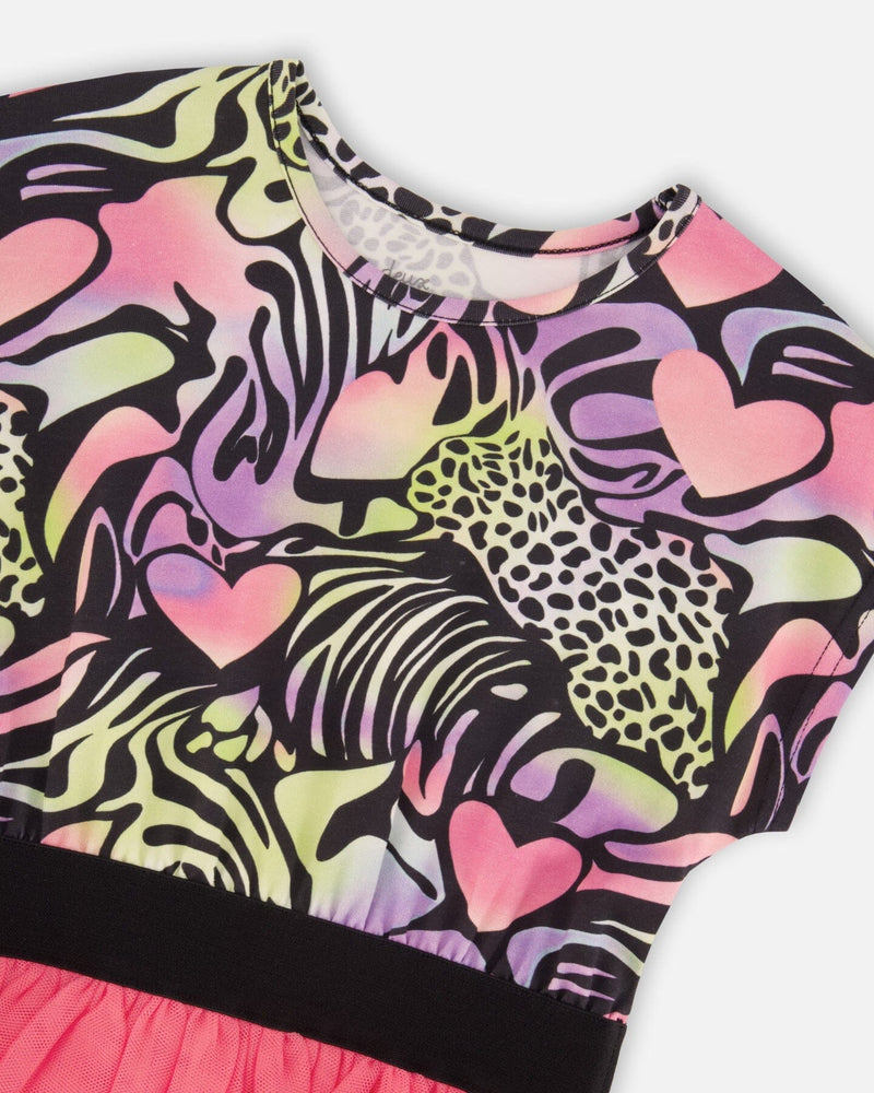 Bi-Material Dress Black Printed Multicolor
