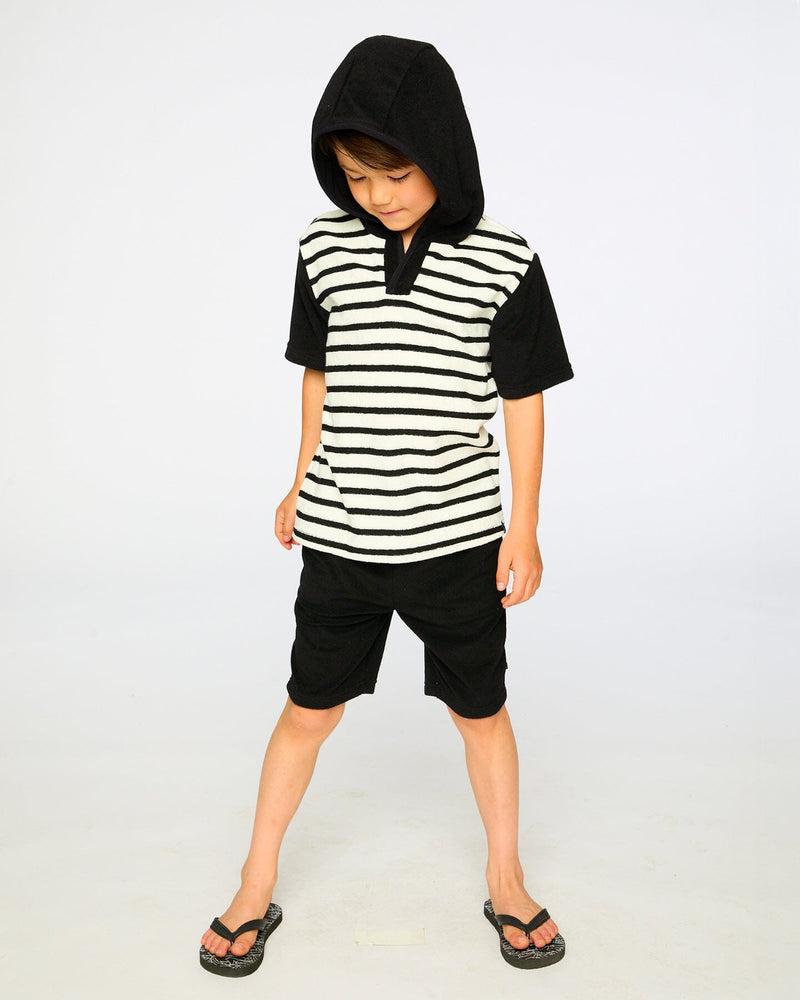 Hooded Terry T-Shirt With Shorts Set Black And White Stripes