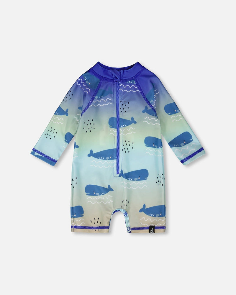 Baby And Toddlers One-Piece Long Sleeve Rashguard Blue Whale Print