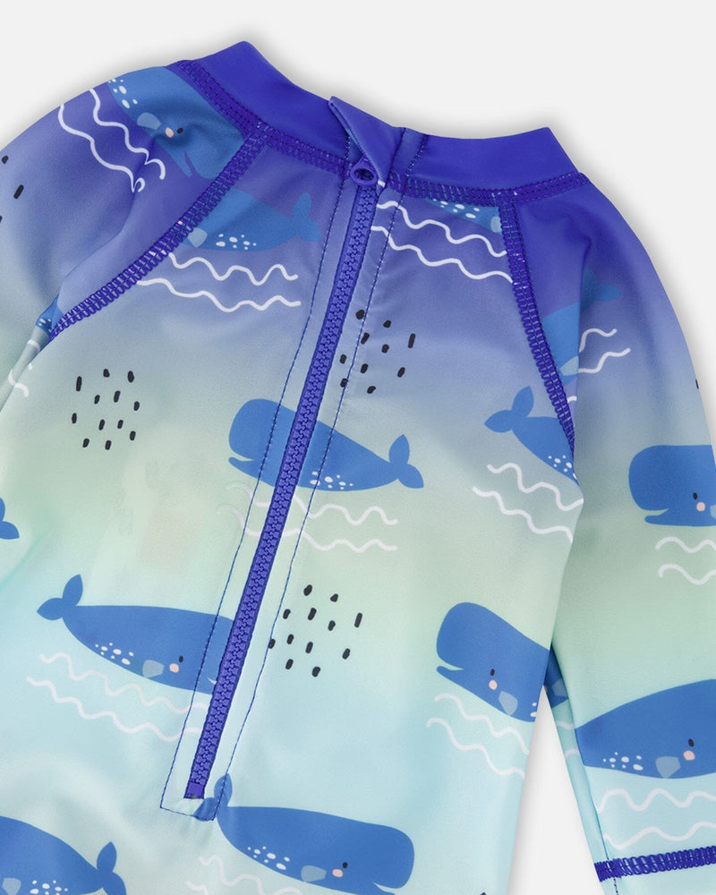 Baby And Toddlers One-Piece Long Sleeve Rashguard Blue Whale Print