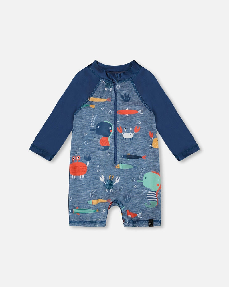 Baby And Toddler One-Piece Long Sleeve Rashguard Blue Printed Marine Animals