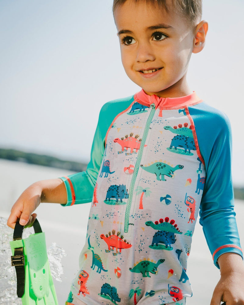 Baby And Toddler One-Piece Long Sleeve Rashguard Grey Baby Dinosaur Print