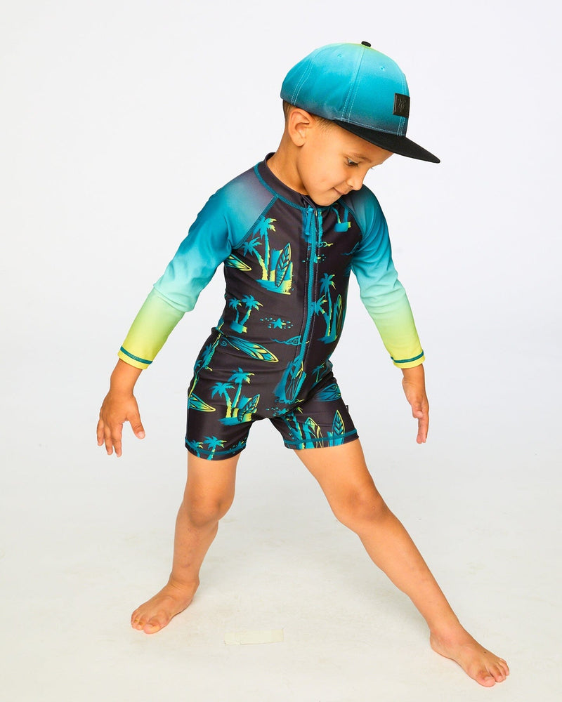 One-Piece Long Sleeve Rashguard Black Surf Print