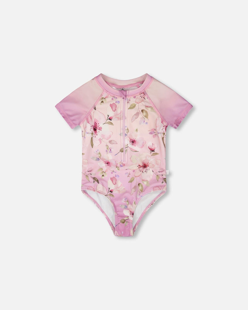 One-Piece Swimsuit Purple Flower Print
