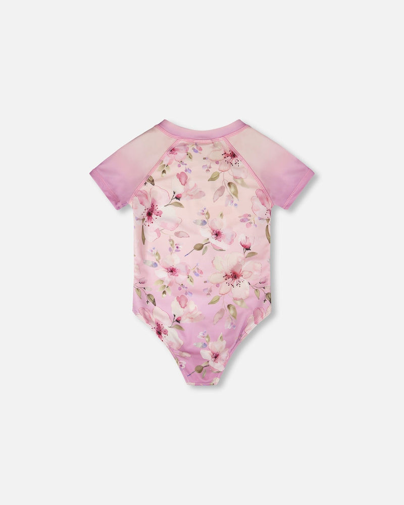 One-Piece Swimsuit Purple Flower Print