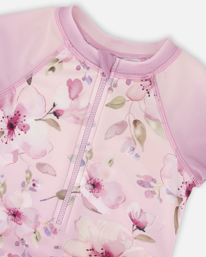 One-Piece Swimsuit Purple Flower Print