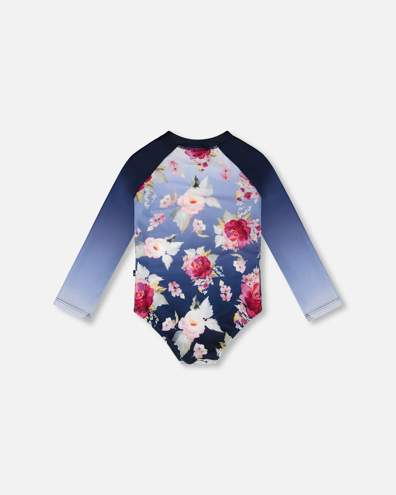 One-Piece Long Sleeve Rashguard Blue Rose Print