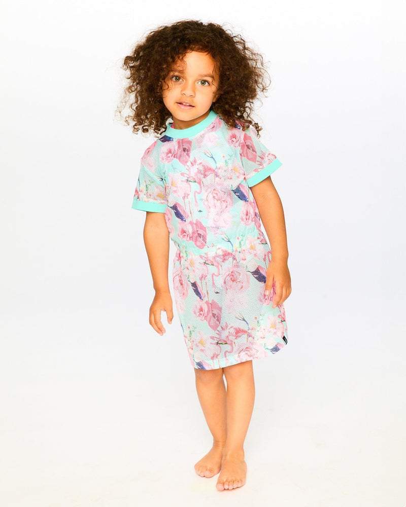 Mesh Beach Dress Blue Flamingo Print
