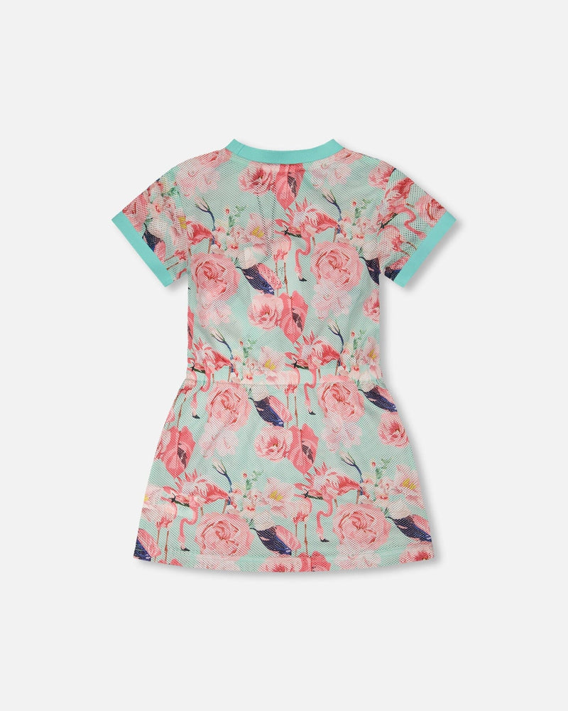 Mesh Beach Dress Blue Flamingo Print