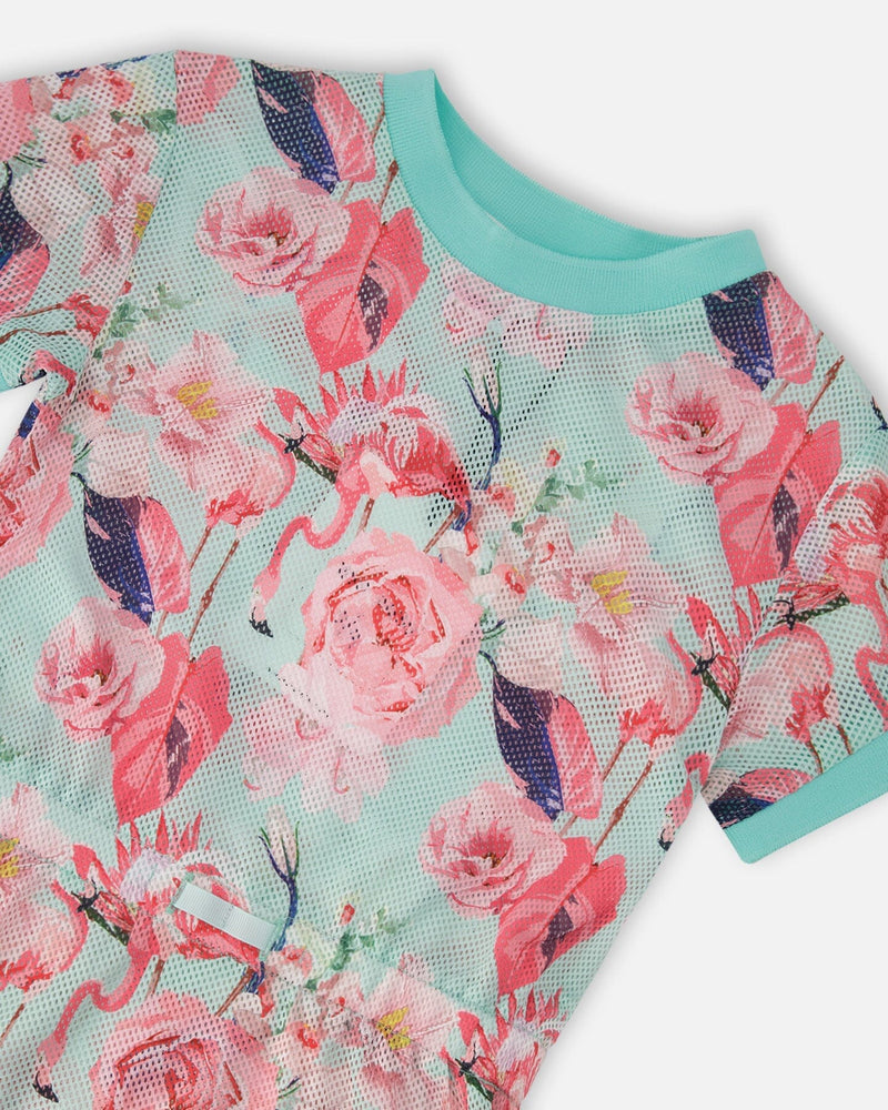 Mesh Beach Dress Blue Flamingo Print