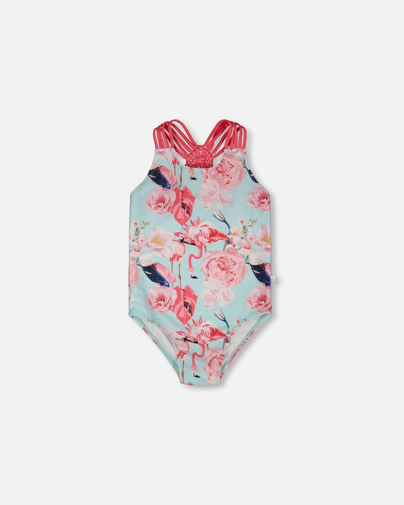 One-Piece Swimsuit Blue Flamingo Print
