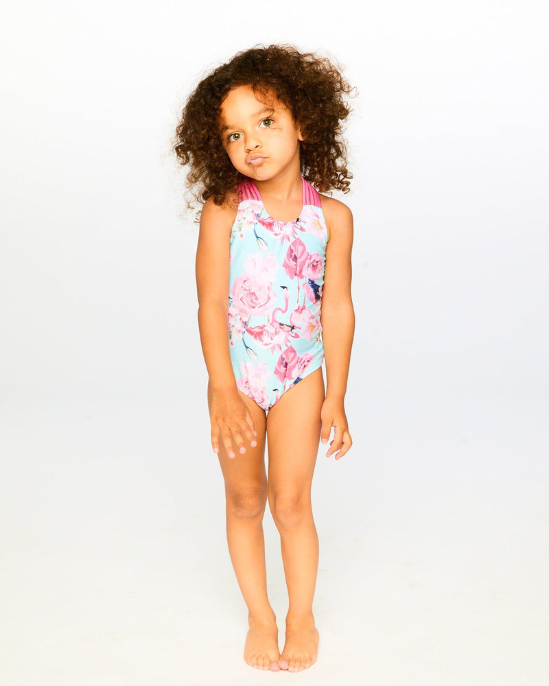 One-Piece Swimsuit Blue Flamingo Print