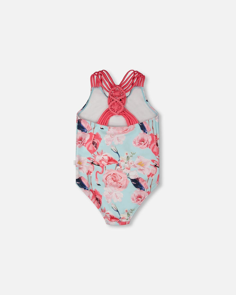 One-Piece Swimsuit Blue Flamingo Print