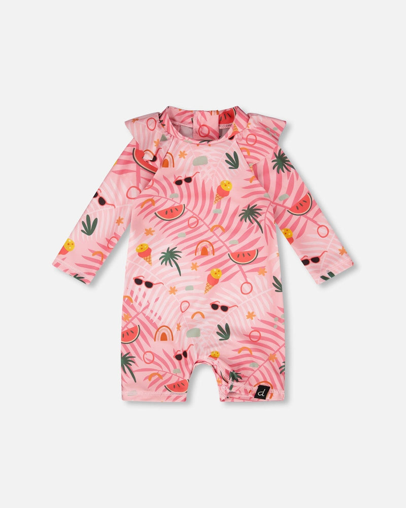 Baby And Toddler One-Piece Long Sleeve Rashguard Pink Beach Print