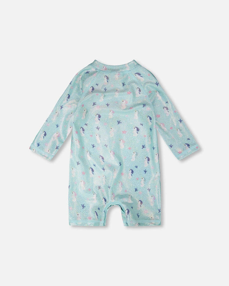 Baby And Toddler One-Piece Long Sleeve Rashguard Blue Seahorse Print