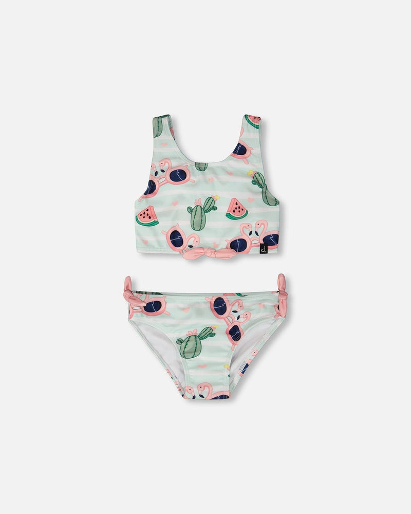 Two-Piece Swimsuit Blue Flamingo And Cactus Print