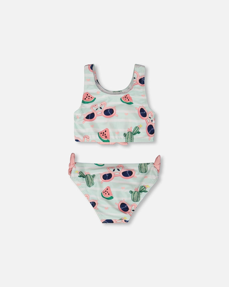Two-Piece Swimsuit Blue Flamingo And Cactus Print