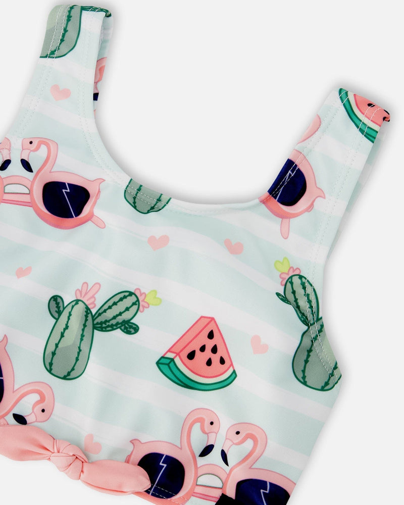 Two-Piece Swimsuit Blue Flamingo And Cactus Print