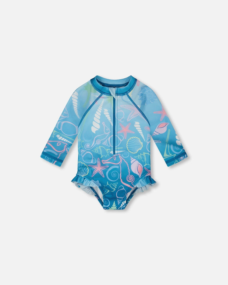 Baby And Toddler One-Piece Long Sleeve Rashguard Blue Shell Print
