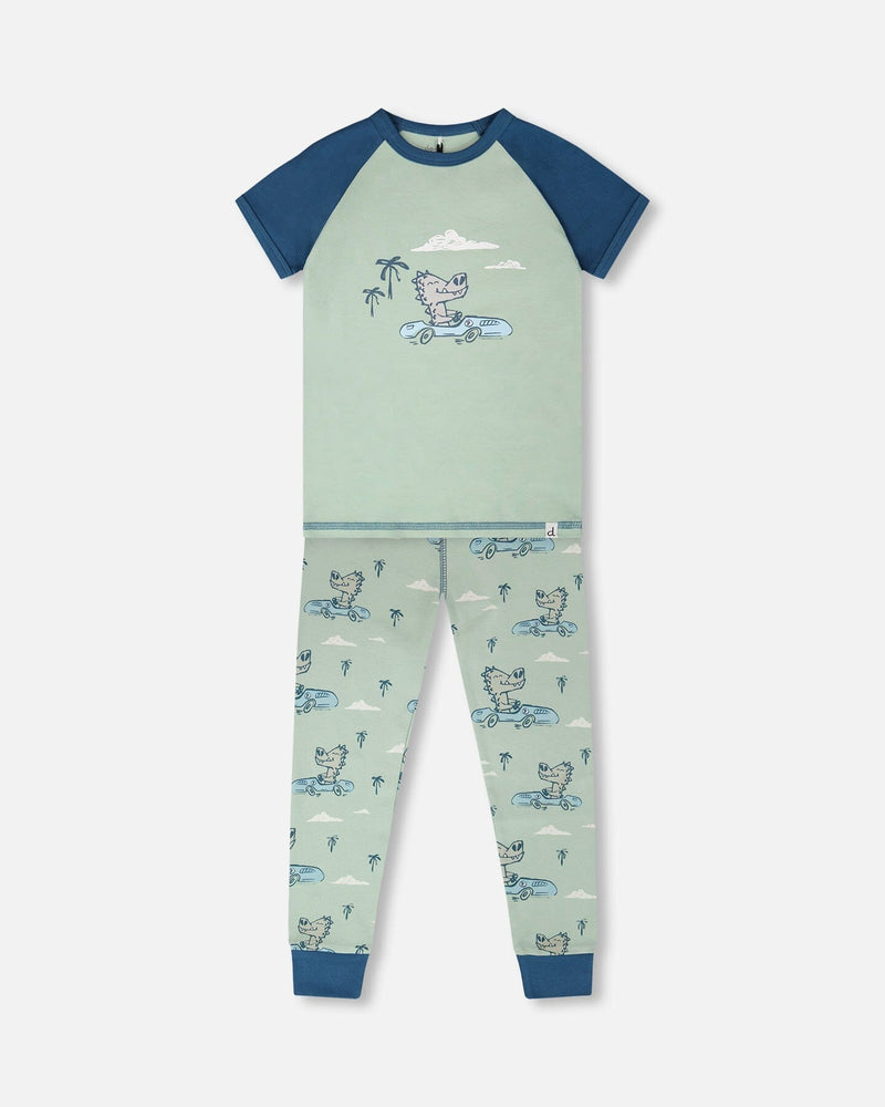 Organic Cotton Two-Piece Pyjama Set Green Crocodile Print