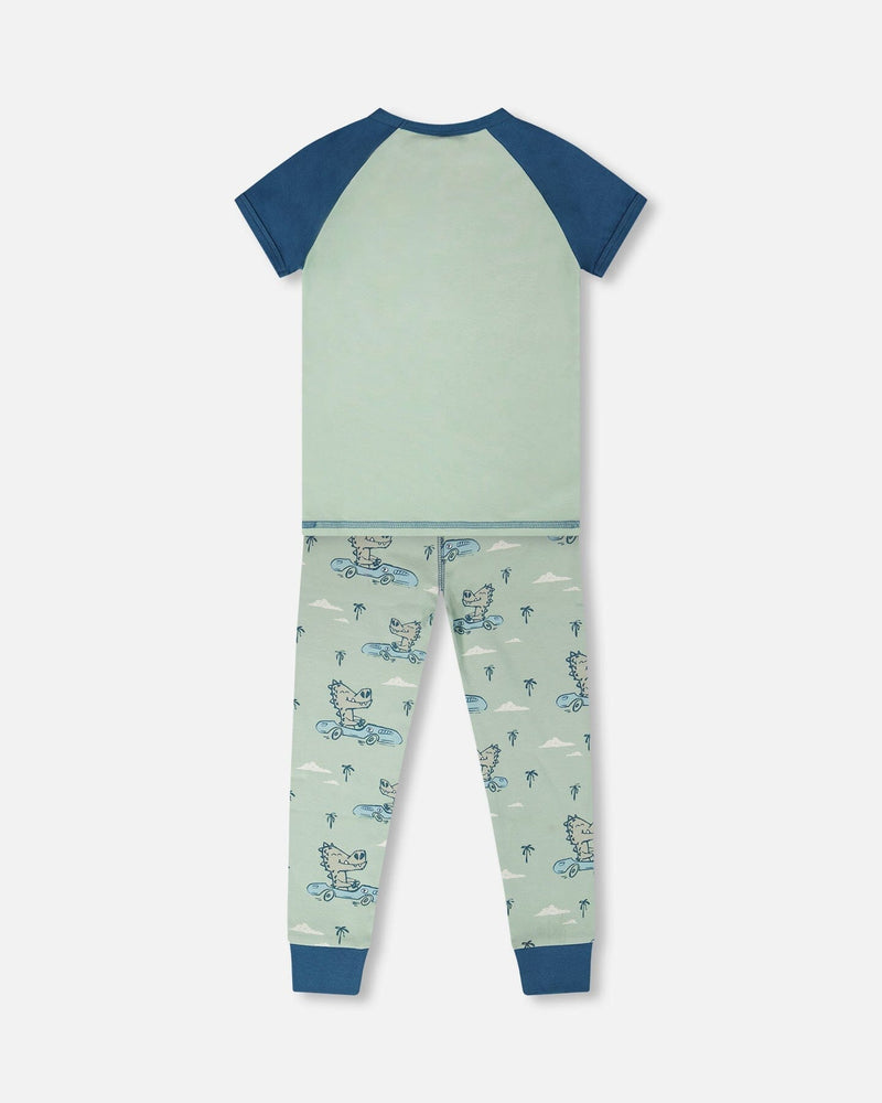 Organic Cotton Two-Piece Pyjama Set Green Crocodile Print