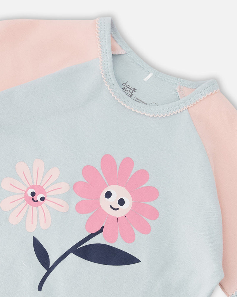 Organic Cotton Two-Piece Pyjama Set Blue Smiling Flower Print