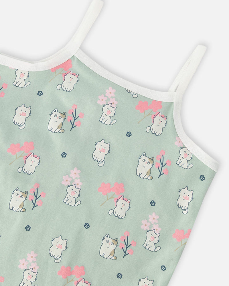 Organic Cotton Tank Underwear Green Kitten Print