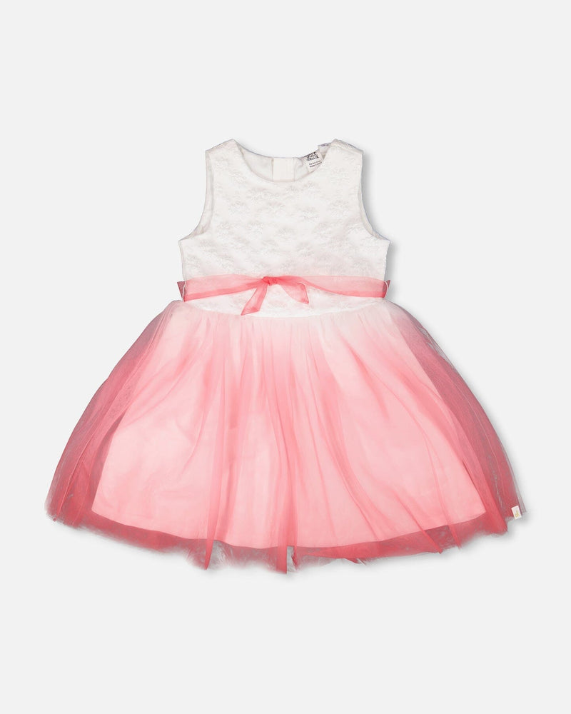 Bi-Material Pleated Mesh Dress White And Pink