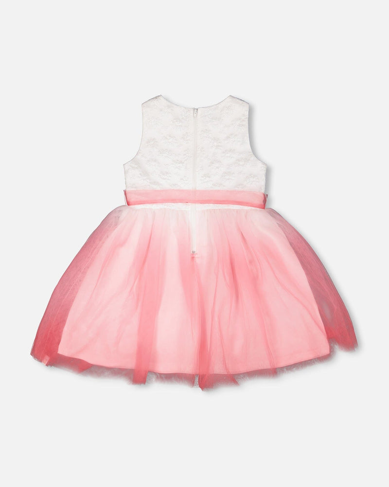Bi-Material Pleated Mesh Dress White And Pink