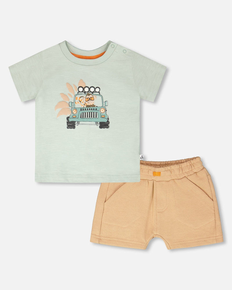 Organic Cotton T-Shirt And Short Set Mint Green And Beige