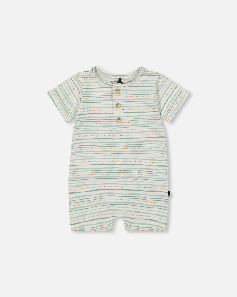 Organic Cotton Romper White Printed Mint Green Lines