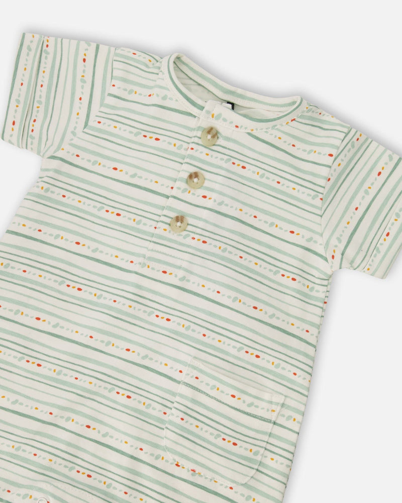 Organic Cotton Romper White Printed Mint Green Lines