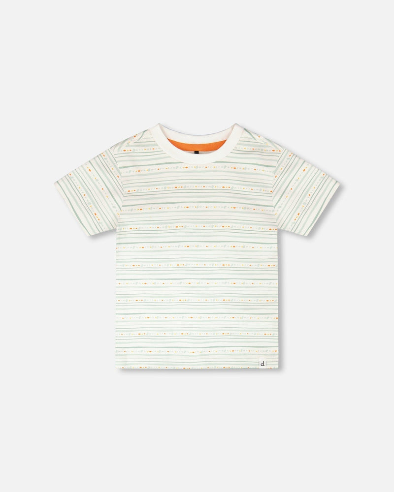 Organic Cotton T-Shirt White Printed Mint Green Lines