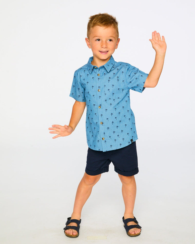 Short Sleeve Chambray Shirt Blue Palm Print