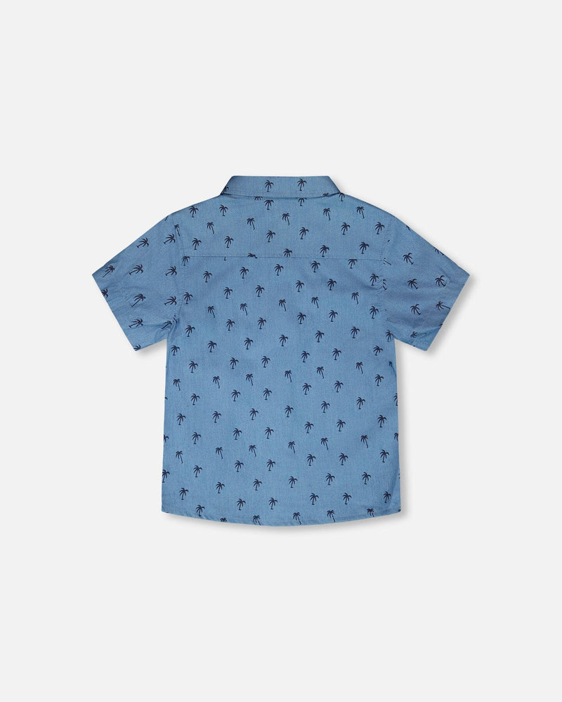 Short Sleeve Chambray Shirt Blue Palm Print