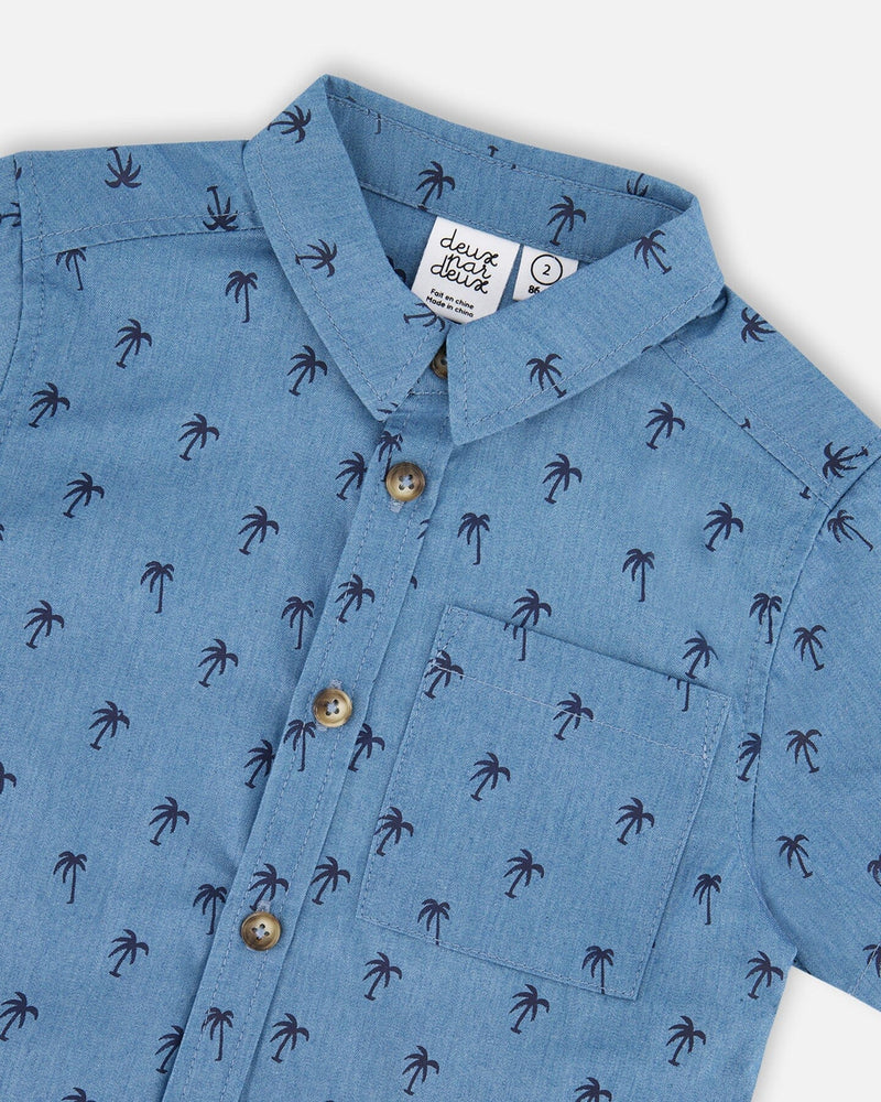 Short Sleeve Chambray Shirt Blue Palm Print