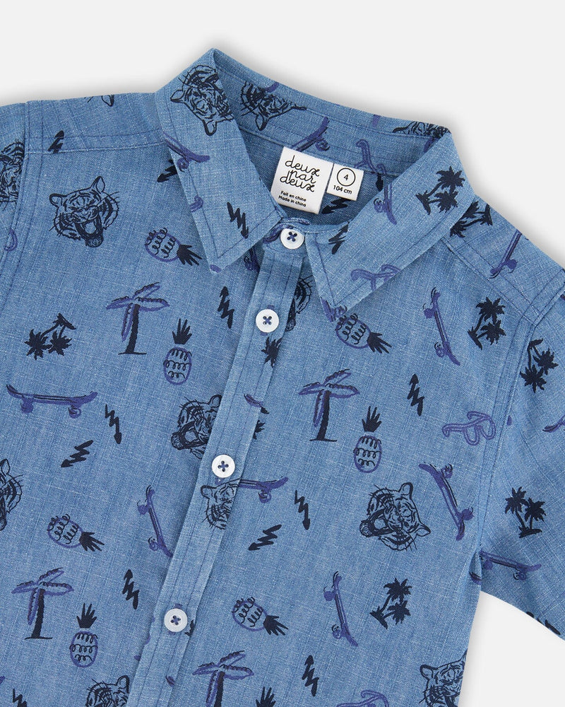 Chambray Short-Sleeve Shirt Blue Printed Skateboards