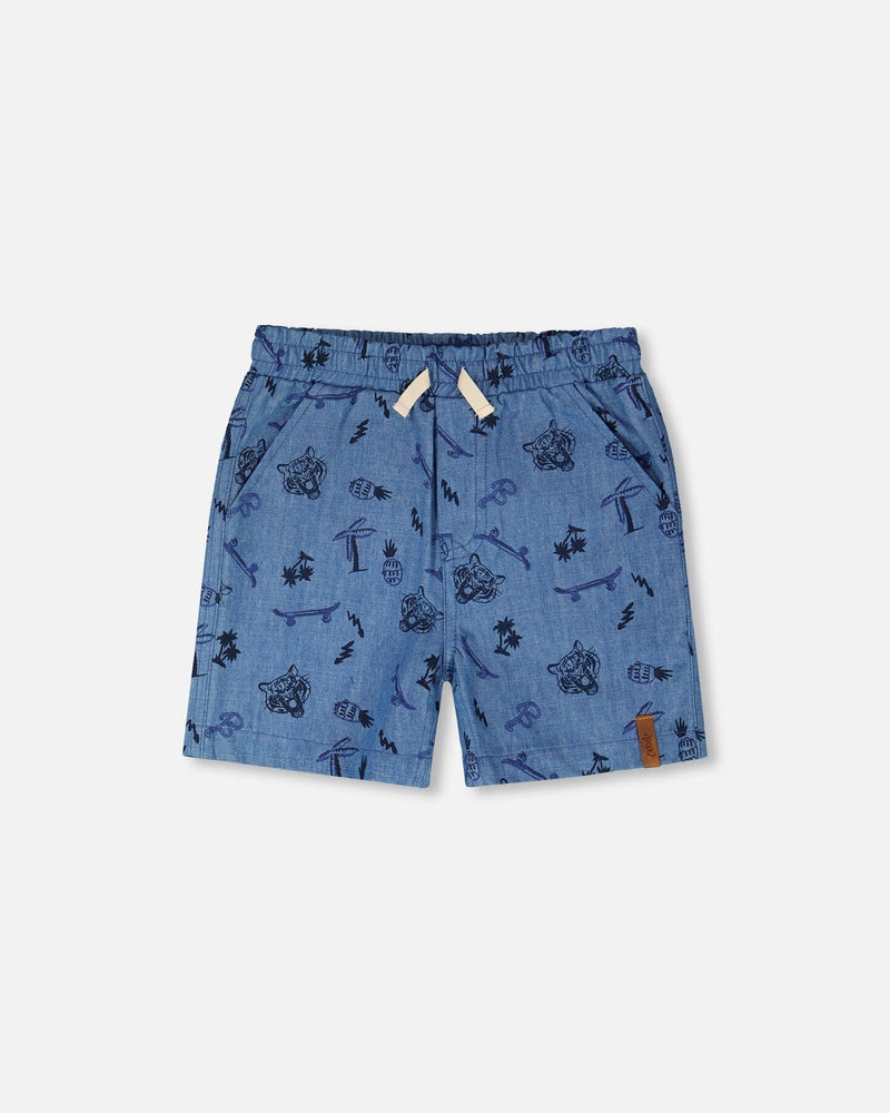Chambray Shorts Blue Printed Skateboards
